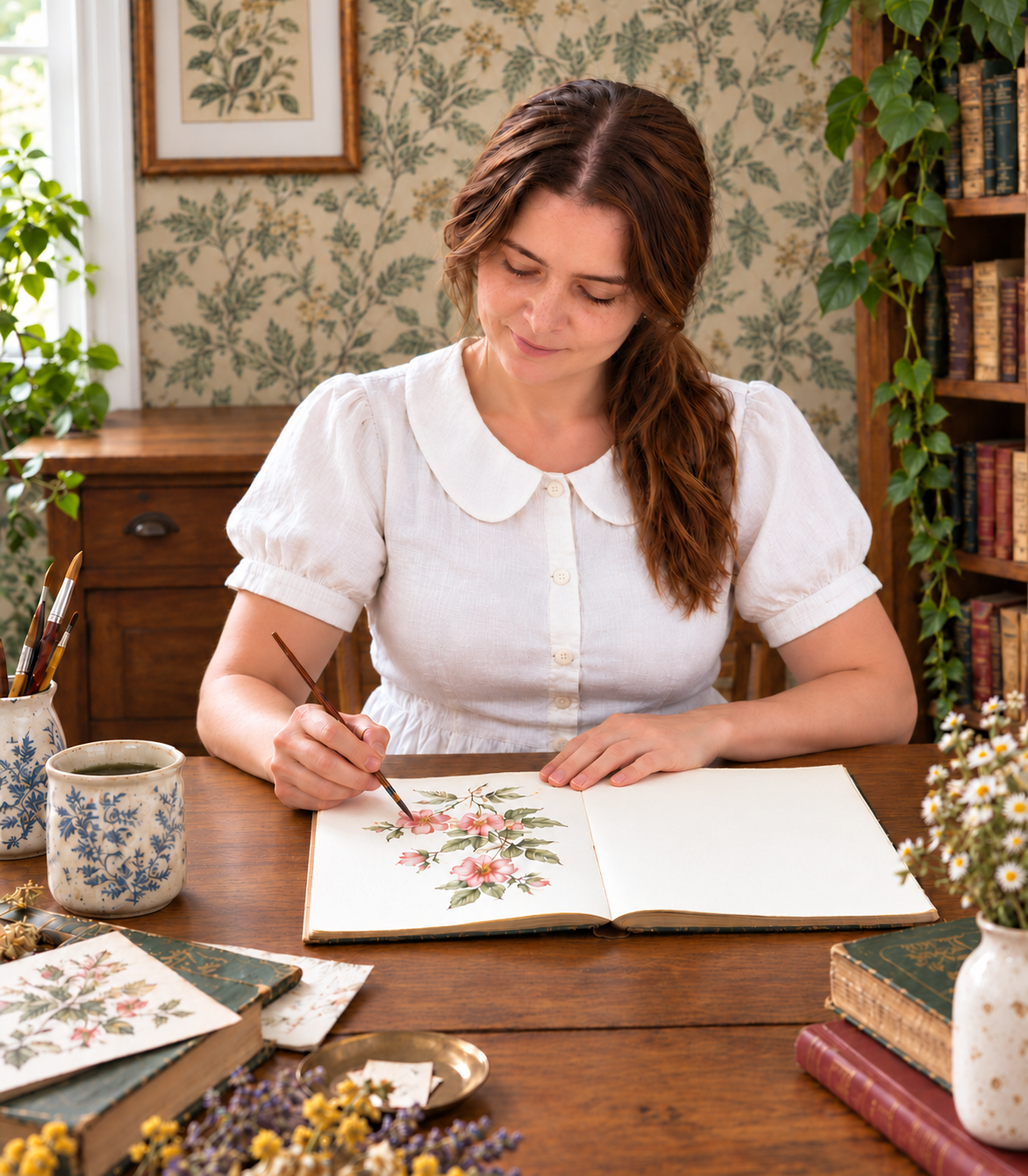 Bia painting in an open sketchbook at a wooden table in her vintage-inspired studio