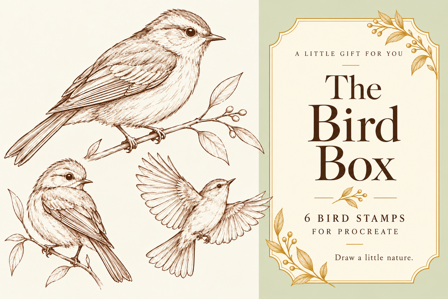 The Bird Box cover with sepia bird drawings and an ivory vintage label on sage, six bird stamps for Procreate