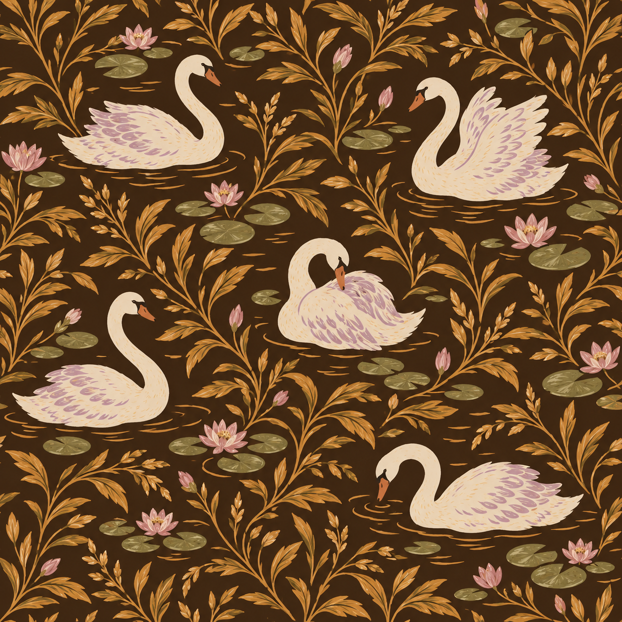 Ivory swans among golden reeds and pink water lilies on deep chocolate brown water