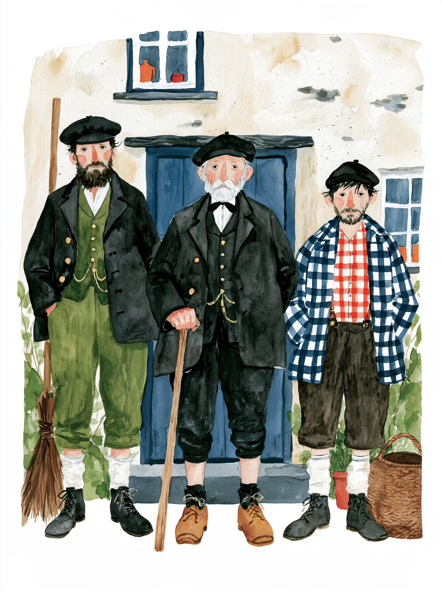 Watercolour illustration of three chimney sweeps outside a cottage