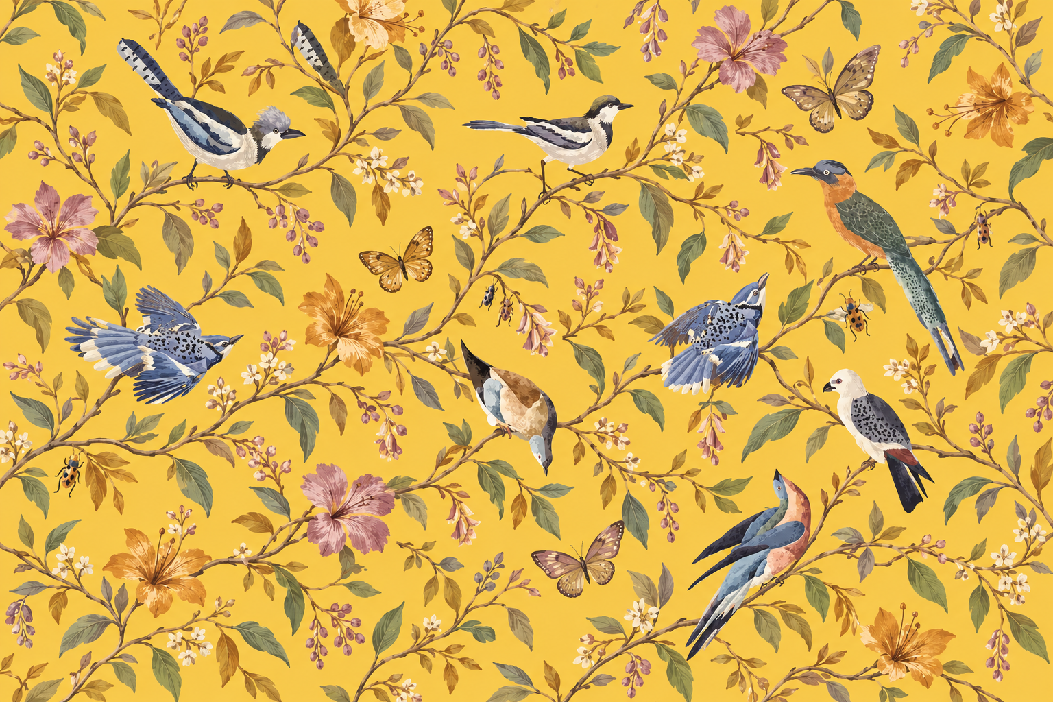 Bia’s painted birds, butterflies, flowers and branches on a warm yellow background