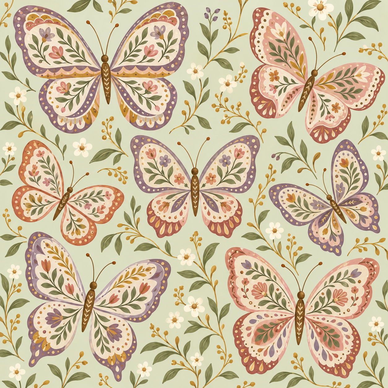 Decorative butterflies with floral patterned wings on pale sage