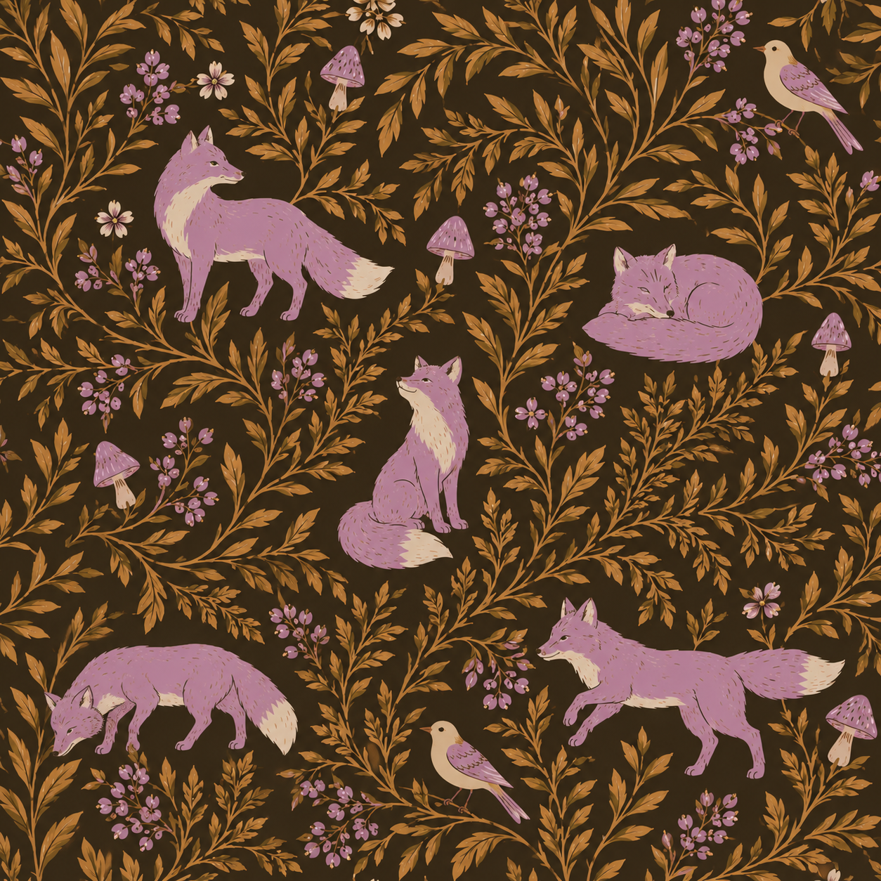 Woodland pattern with lavender foxes, birds, flowers and golden foliage on a deep brown background