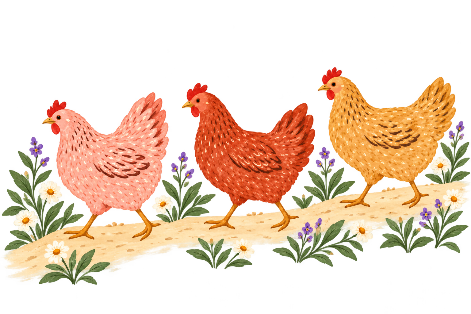 Blush, terracotta and ochre hens walking along a little flower-lined garden path