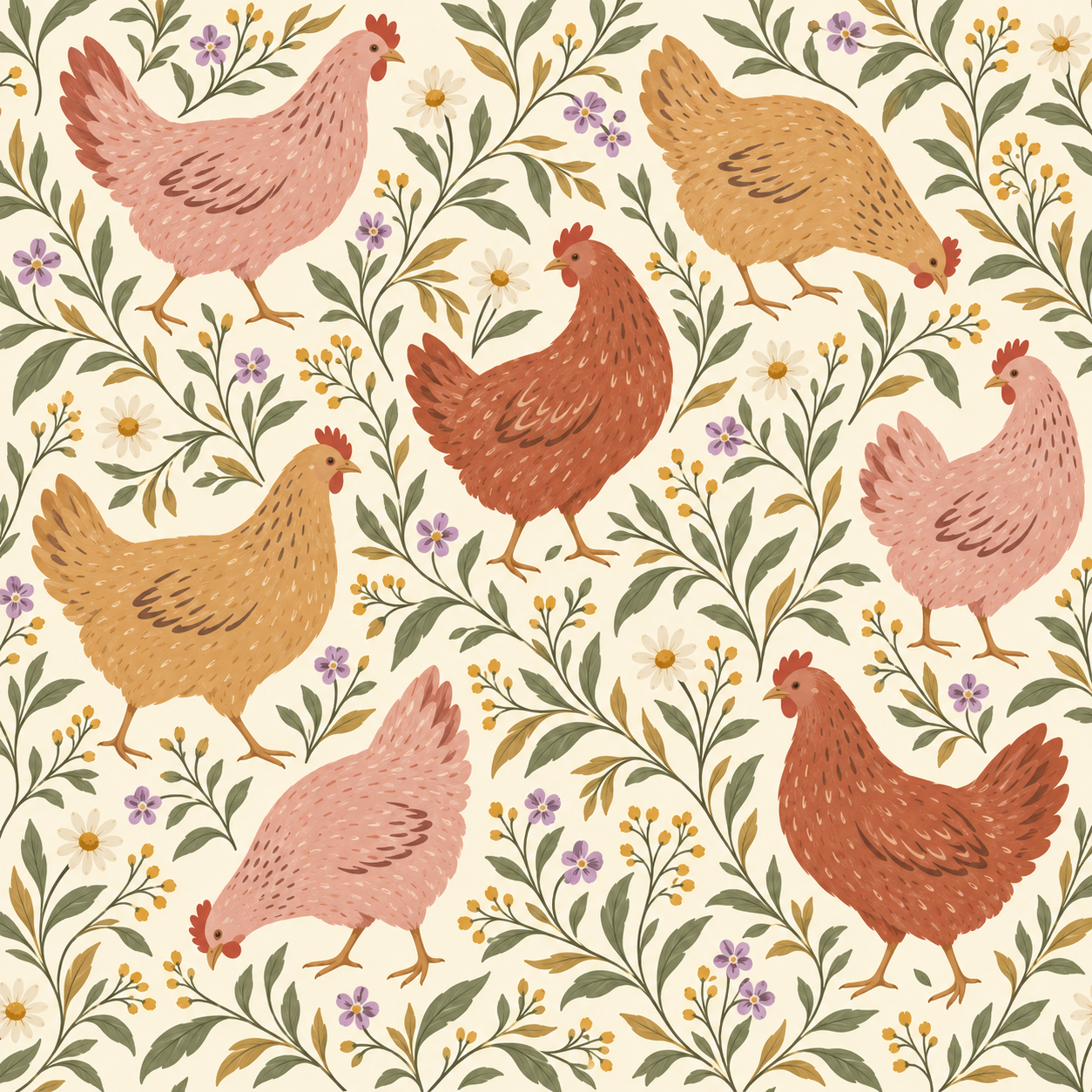 Dusty pink, terracotta and ochre hens among sage leaves and little flowers