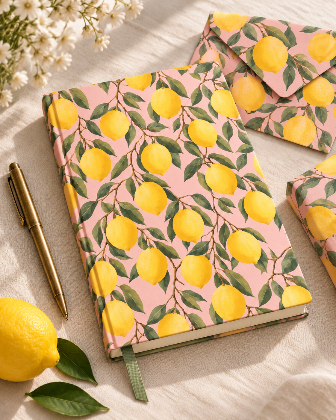 Pink lemon-pattern notebook and matching envelopes styled on ivory linen
