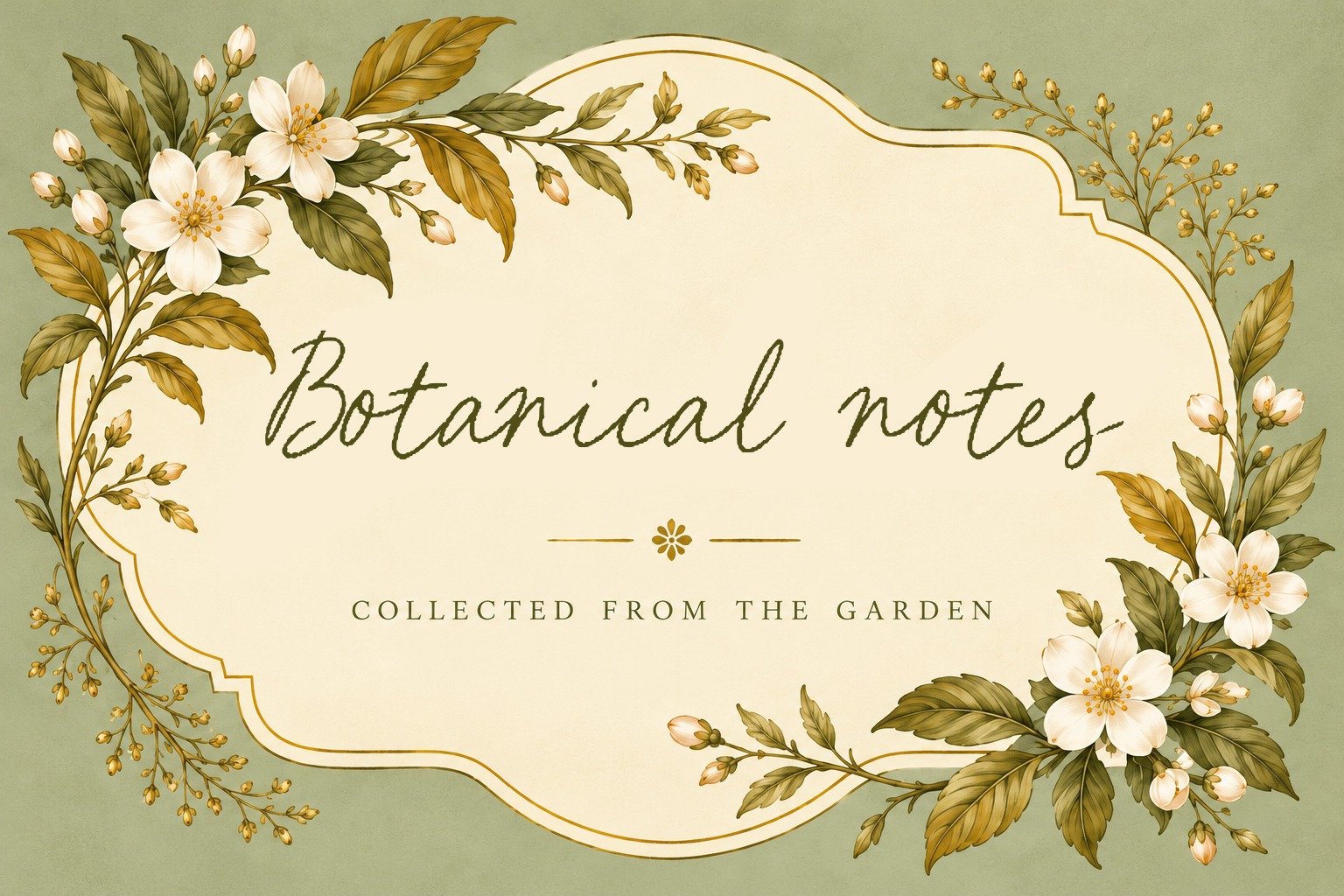 Botanical notes in Little Letters with a sage and golden floral frame