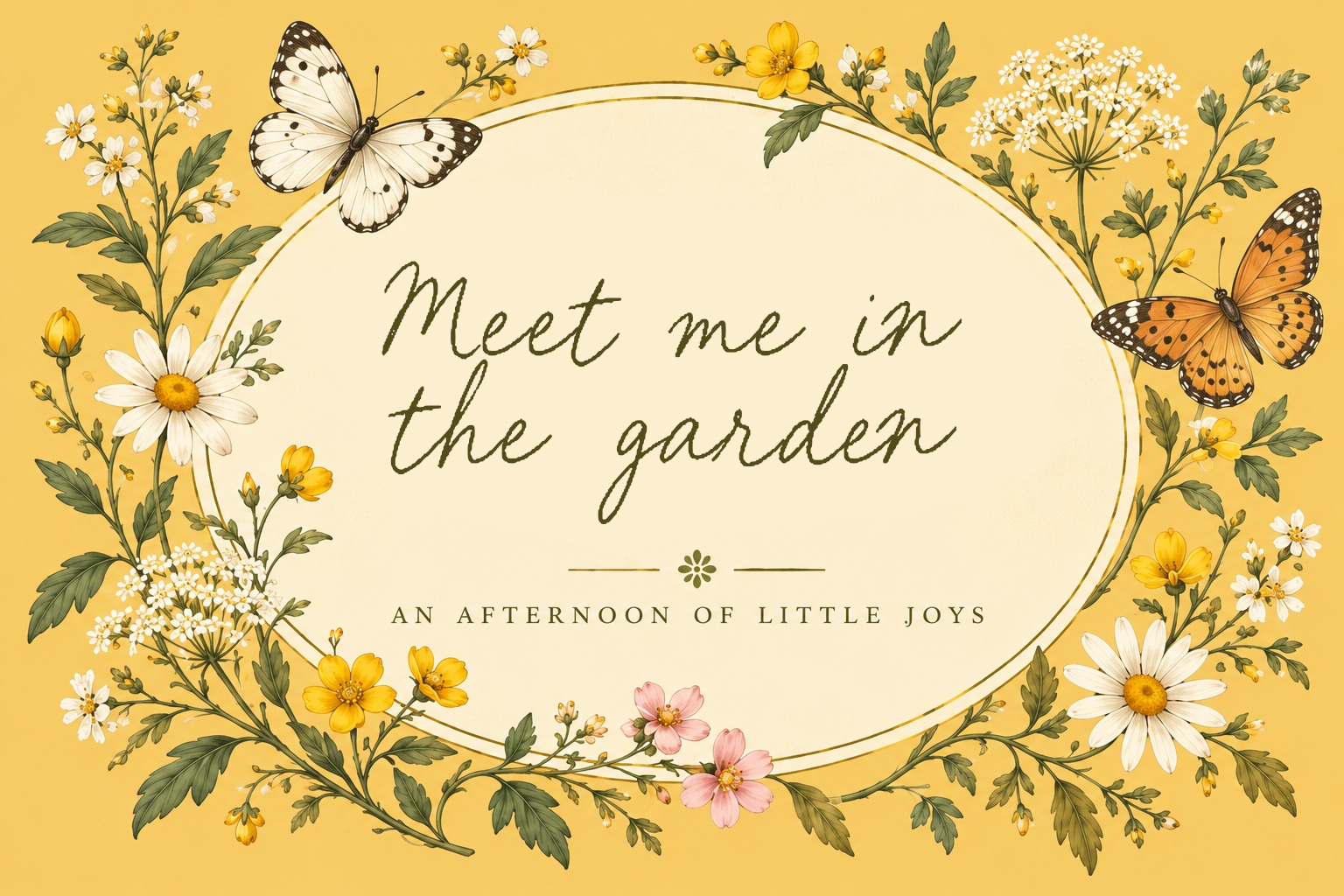 Meet me in the garden in Little Letters with butterflies and meadow flowers