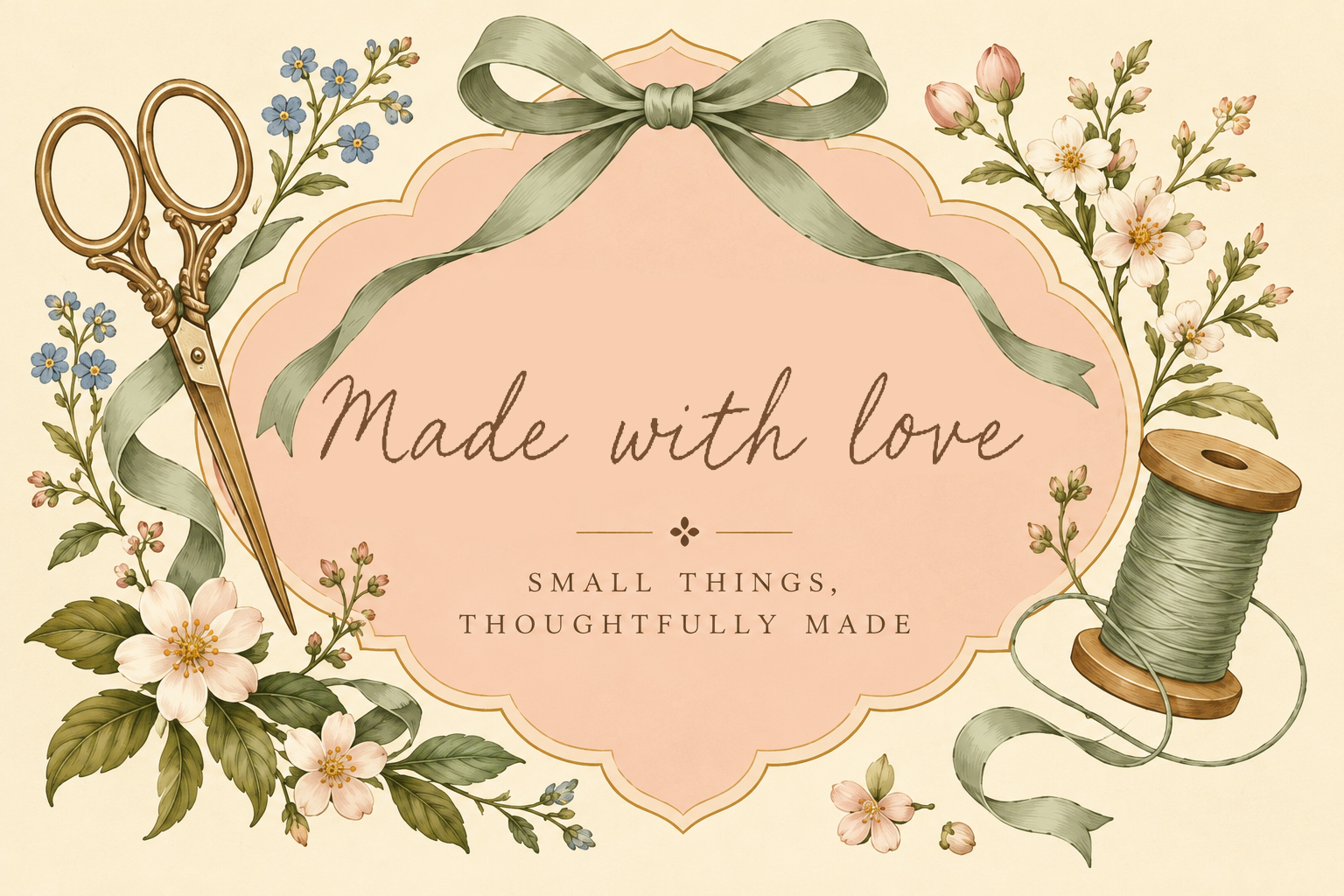 Made with love in Little Letters with vintage scissors, sage ribbon and thread
