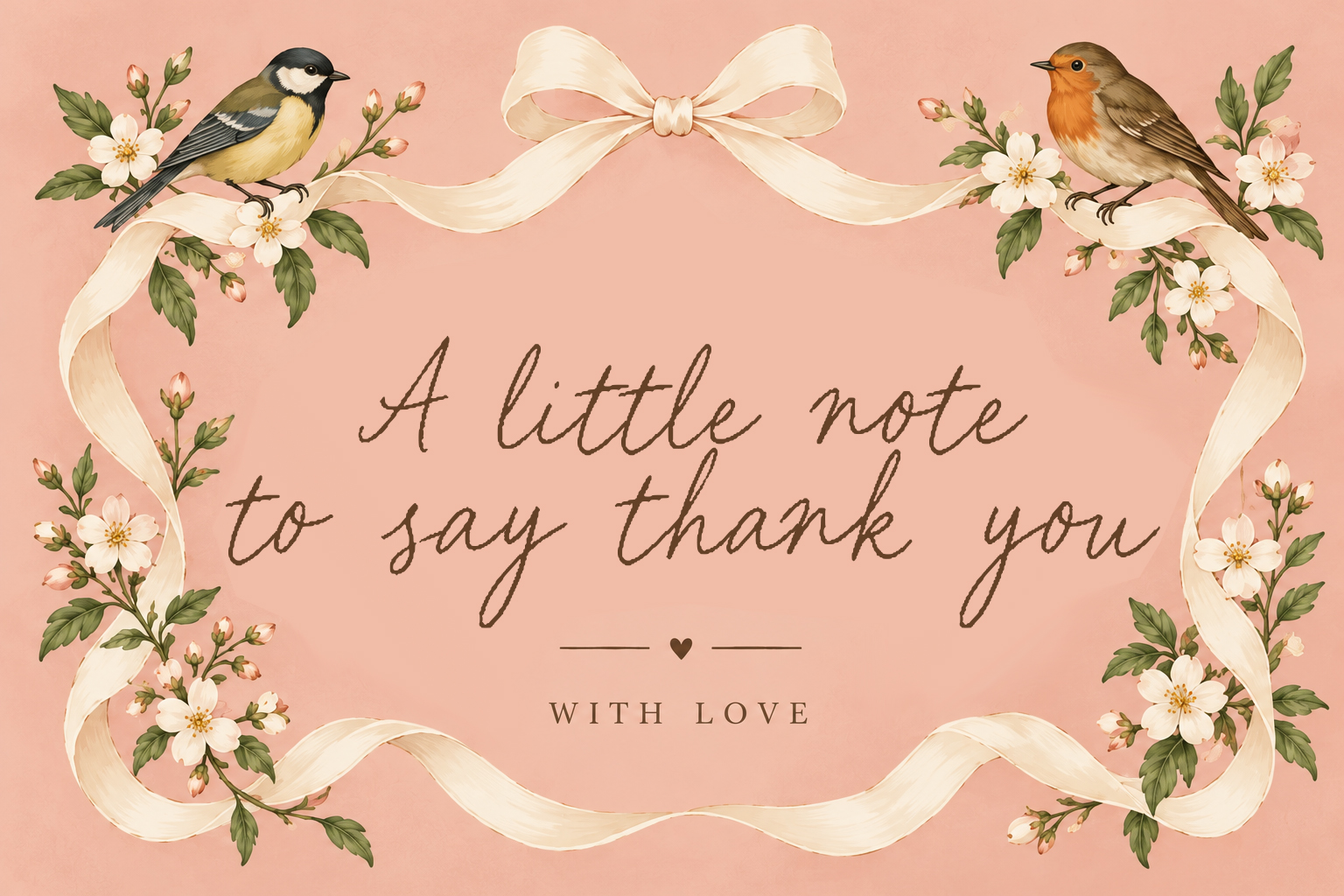 A little note to say thank you in Little Letters, surrounded by songbirds and ivory ribbon
