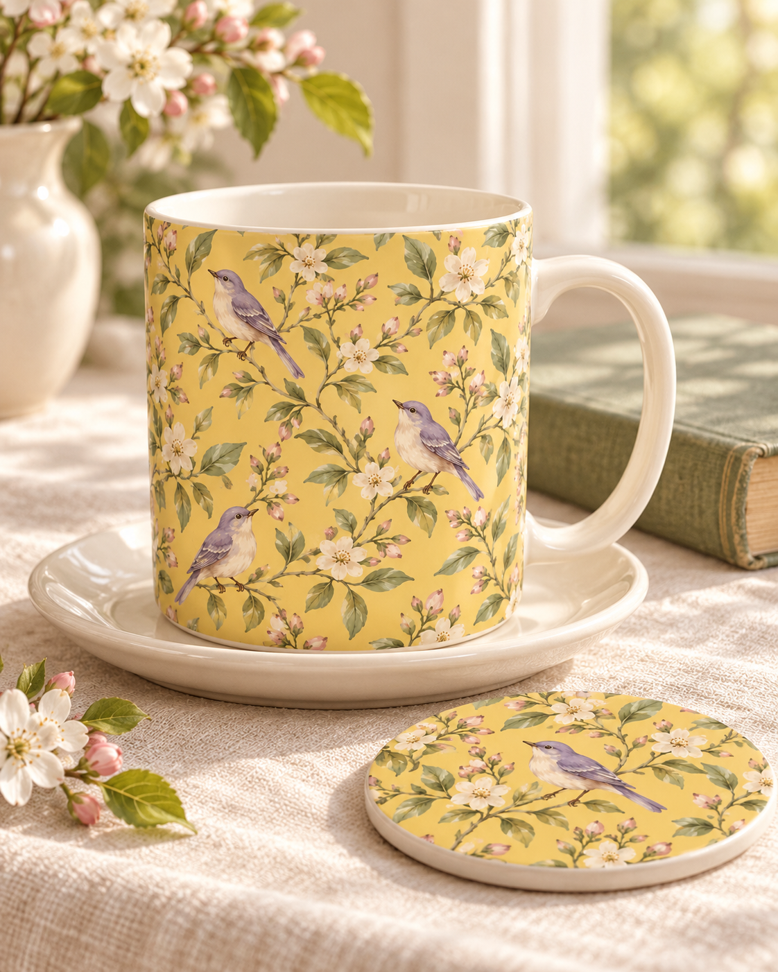 Lavender songbirds and blossoms on a buttery yellow ceramic mug and matching coaster