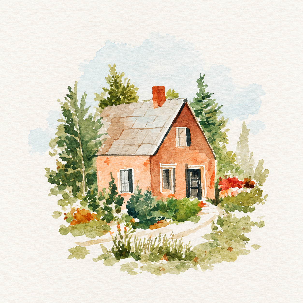 Simple watercolour terracotta cottage with a winding garden path