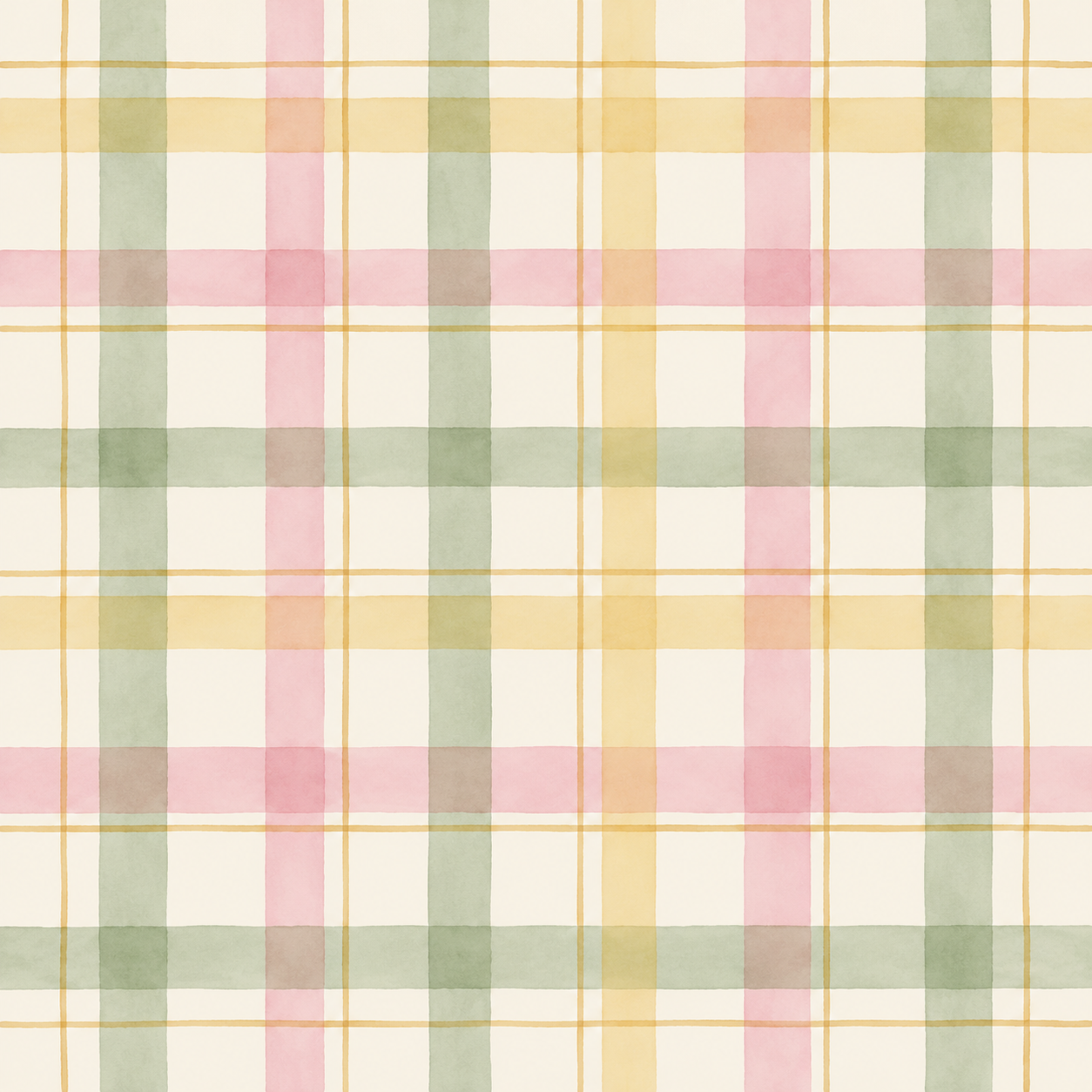 Soft watercolour crossed stripes in blush pink, sage and buttery yellow on ivory