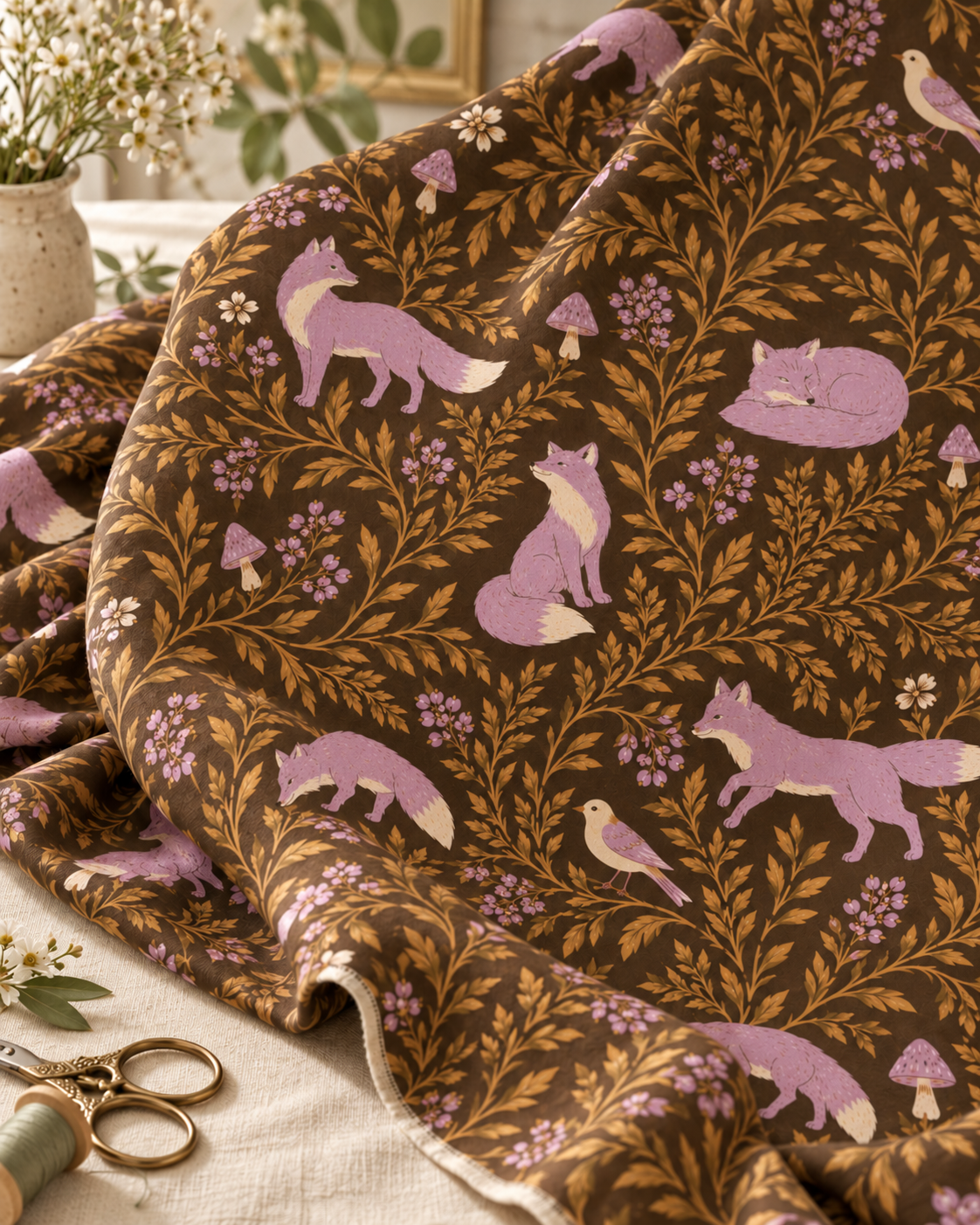 Bia’s lavender fox and golden foliage pattern shown on softly draped cotton fabric